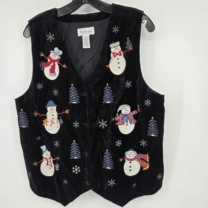 Westbound Black Velvet Snowman Holiday Vest Women's Size L Christmas